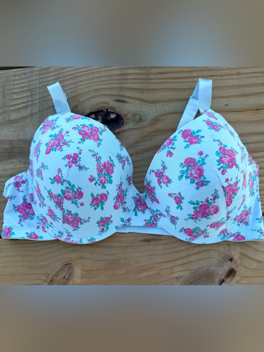 Plus Size White Floral Pushup Underwire Bra with Pink Rose Print 42D